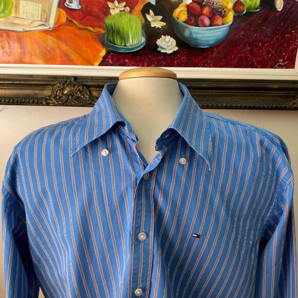Tommy Hilfiger Men’s L Shirt Blue and White Stripes Button Down Long Sleeves - Picture 2 of 9